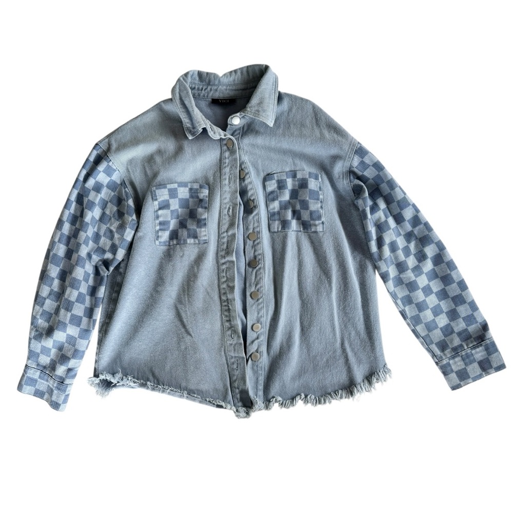 Vici Denim Button Down Shirt Jacket - Checkered